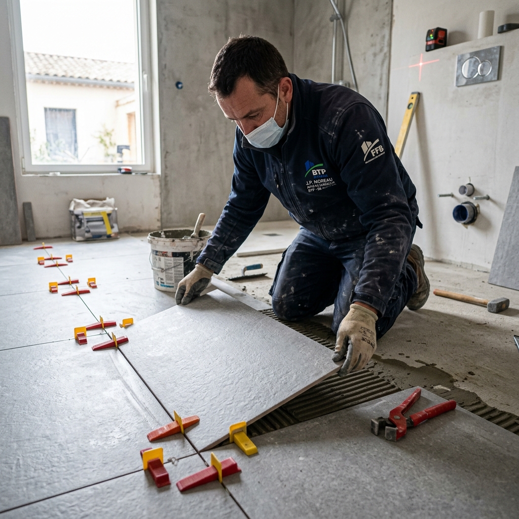 Carreleur posant du carrelage grand format