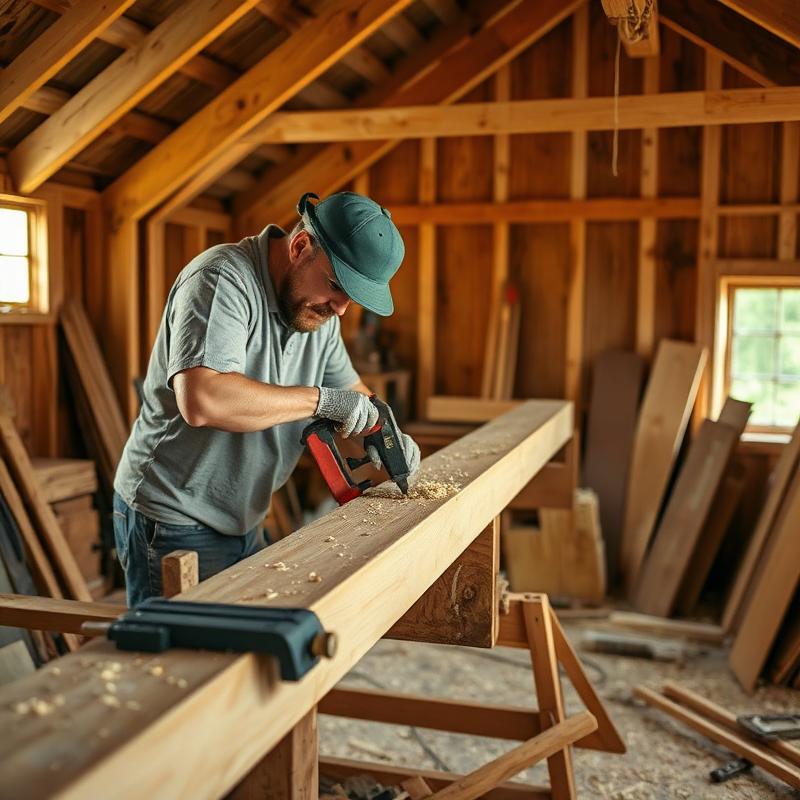 Charpentier travaillant une poutre en bois