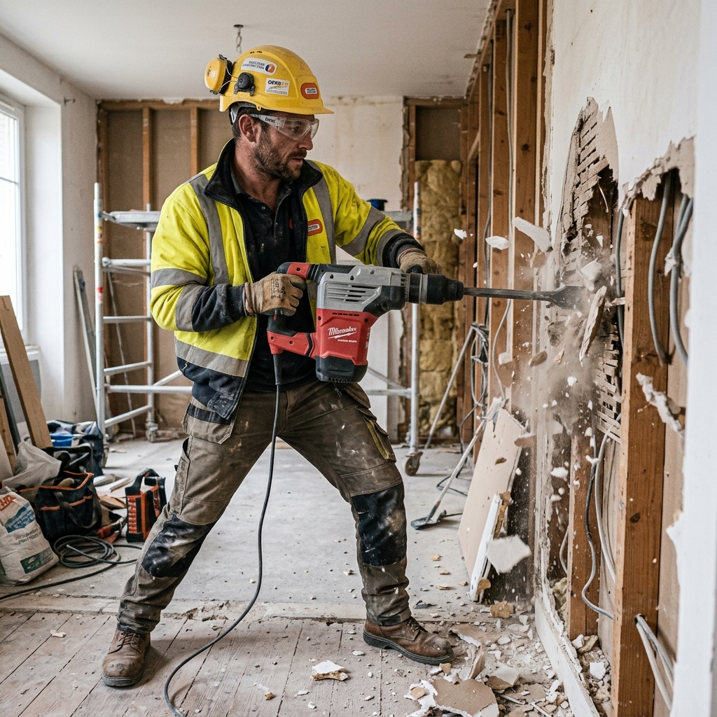 Artisan sur chantier de démolition et curage