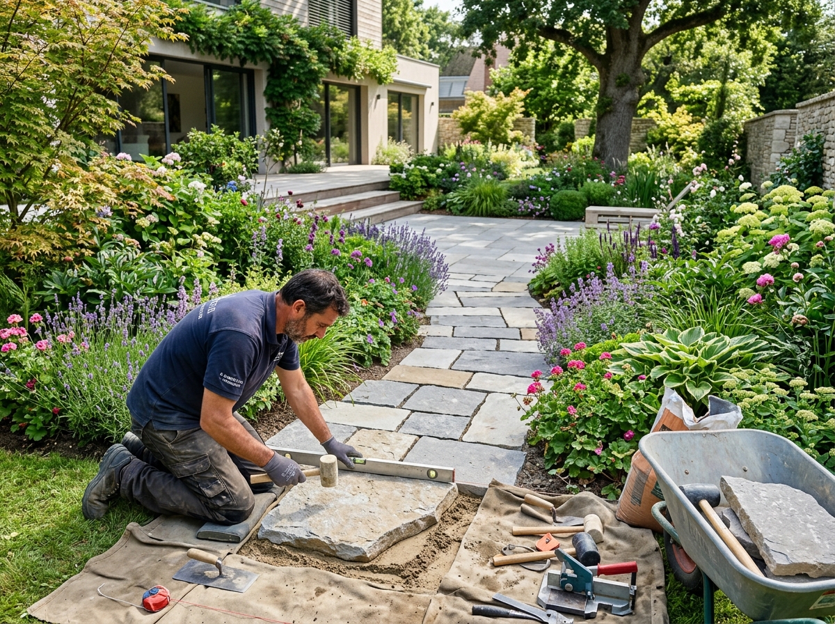 Paysagiste réalisant un dallage et aménagement de jardin