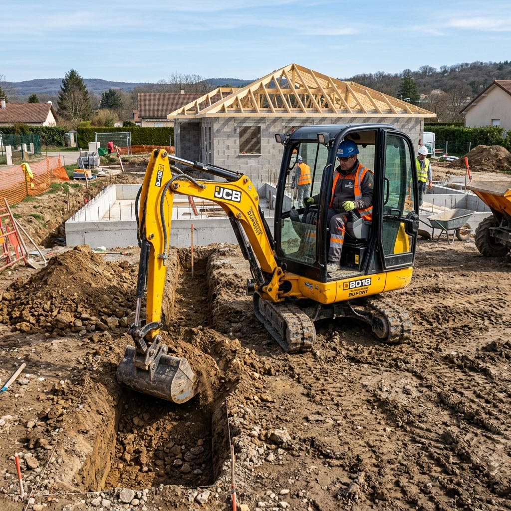 Mini-pelle sur chantier de terrassement et nivellement